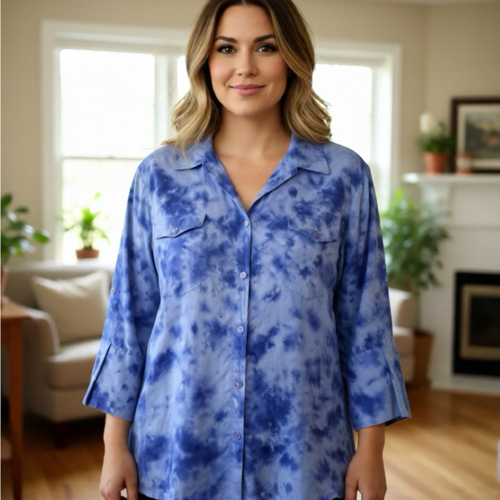Caribbean Joe Blue Tie-Dye Button Down Shirt